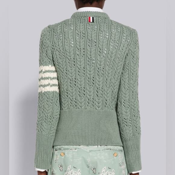 Thom Browne Merino Wool Sweater Irish Pointelle Cable Knit Green Size 8 - Picture 16 of 16